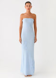Sassafras Beaded Flower Strapless Maxi Dress Blue