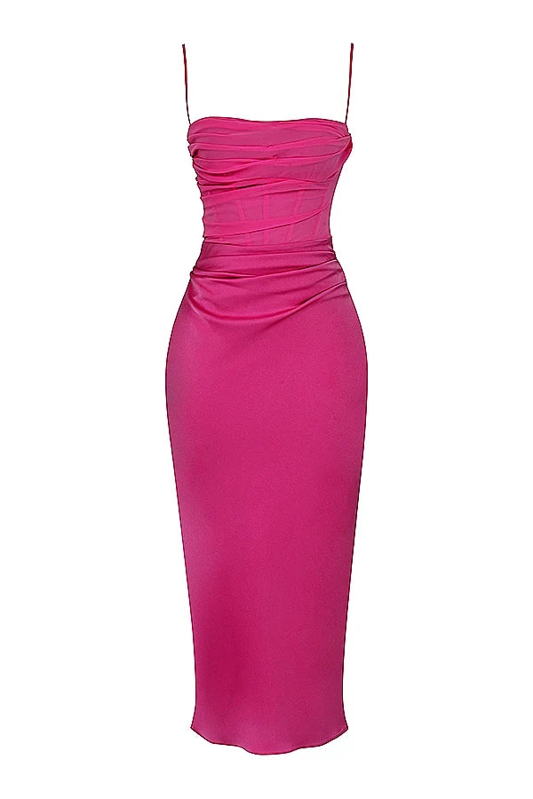 hot pink draped corset midi dress