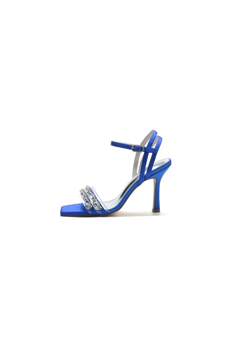 Royal Blue Satin Heels with Double Crystal Straps
