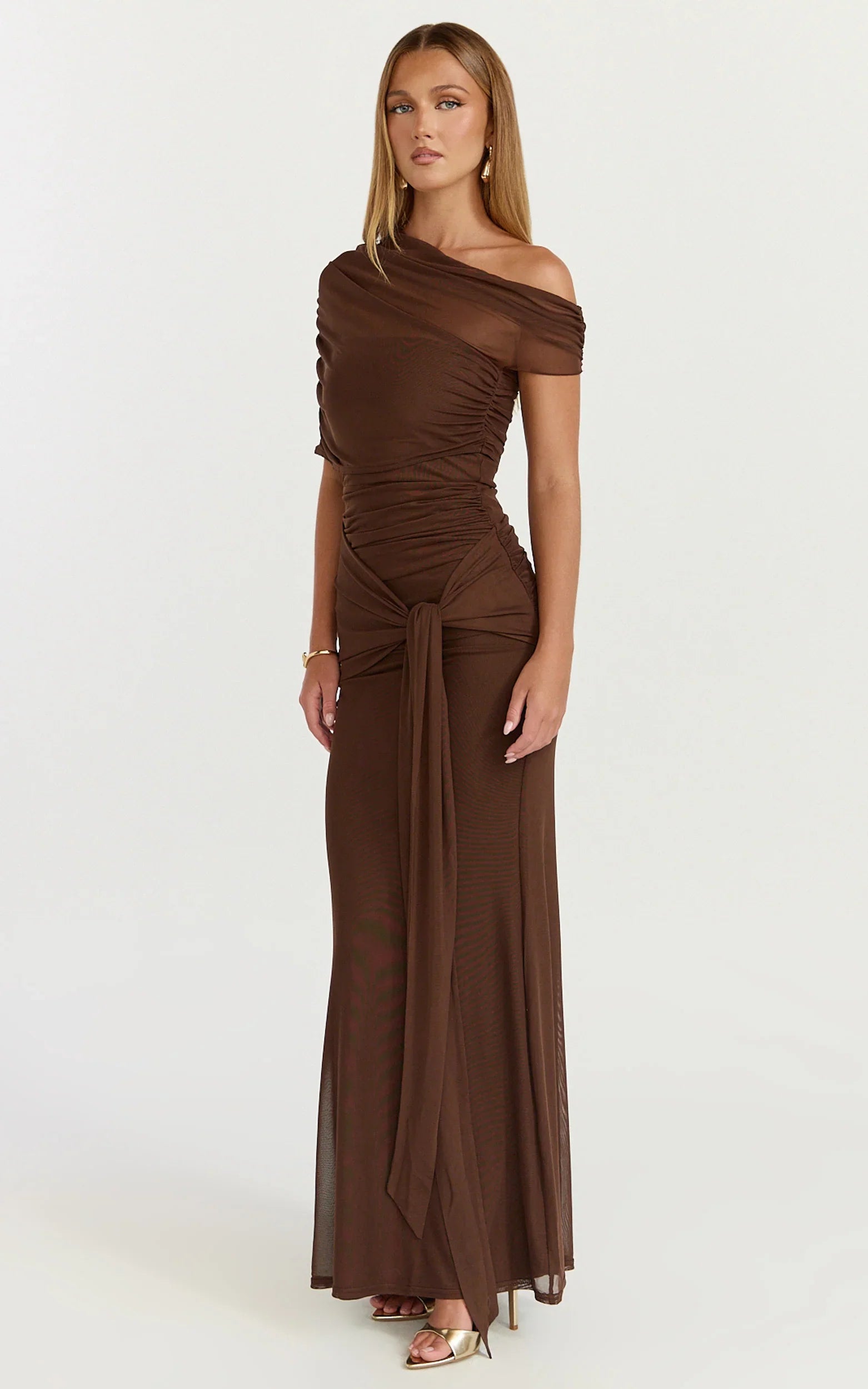 Nicolette Maxi Dress Cape Sleeve Off Shoulder Dress in Chocolate