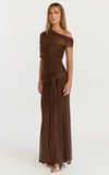 Nicolette Maxi Dress Cape Sleeve Off Shoulder Dress in Chocolate
