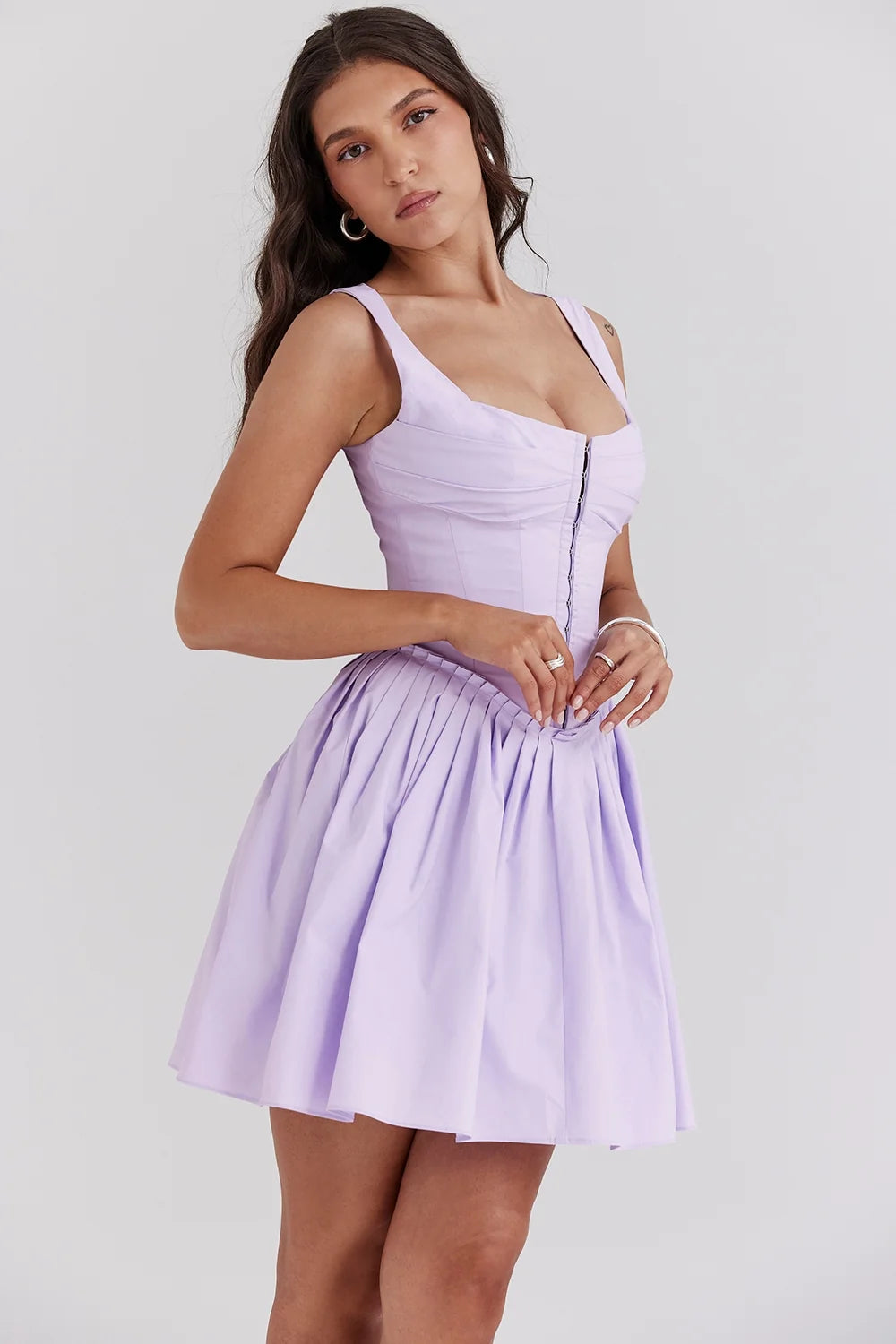orchid pleated cotton mini dress