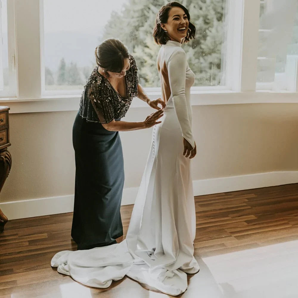 Mermaid White Open Back High Neck Wedding Dress