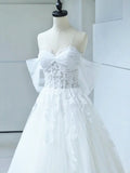 Off the Shoulder White Lace Appliques Sleeveless Lace Up Wedding Dresses