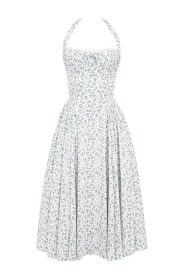 white bluebell print cotton halter sundress