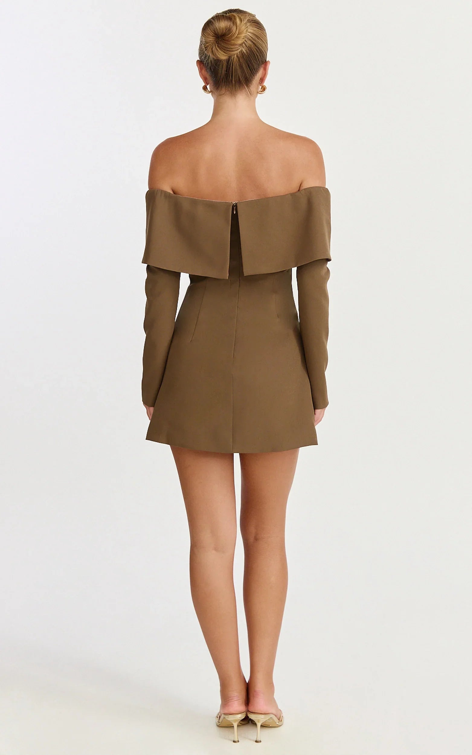 Marigold Mini Dress Off Shoulder Long Sleeve Dress in Mocha