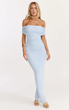 Caterina Maxi Ruched Off Shoulder Mesh Dress in Pale Blue