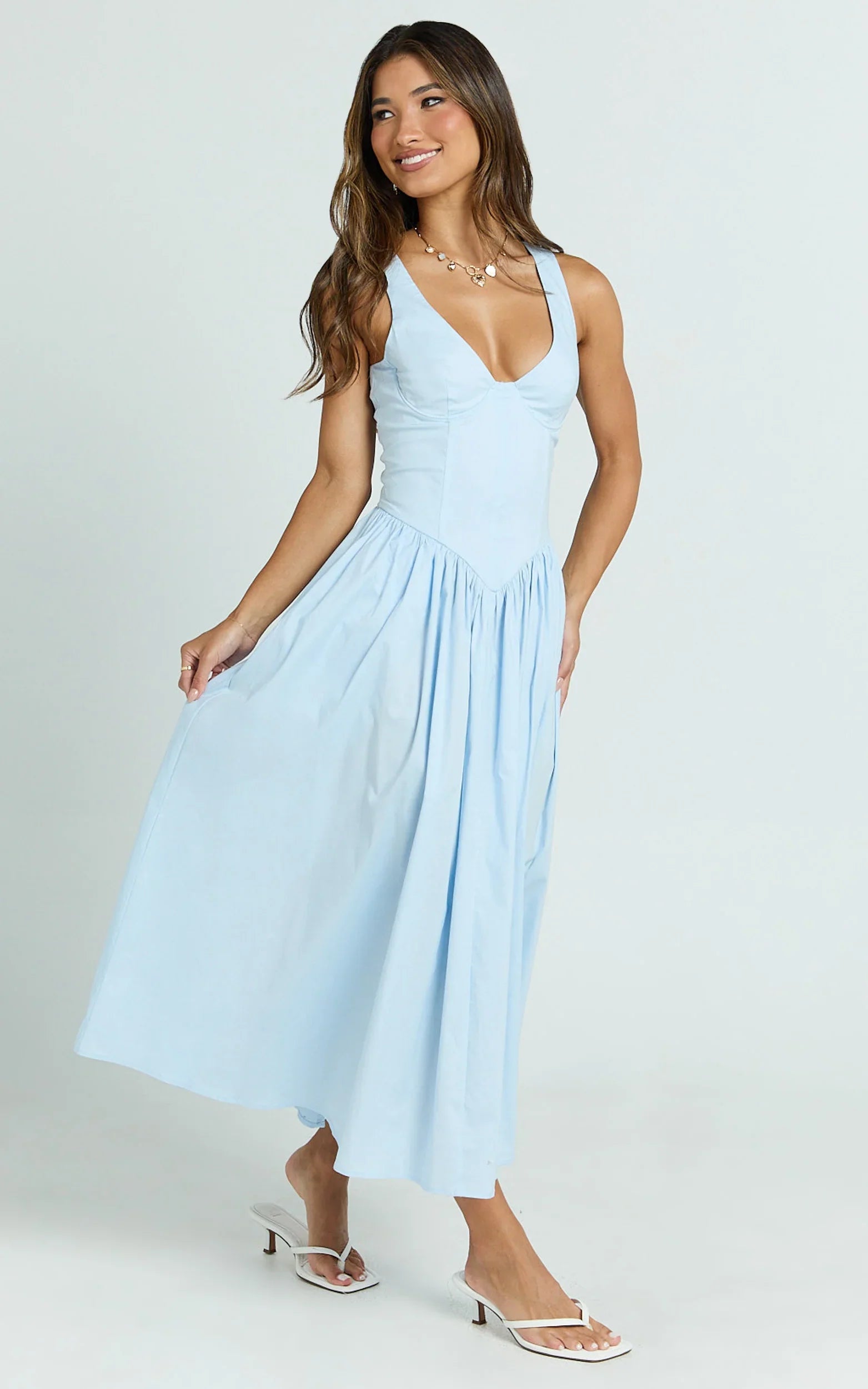 Beckett Midi Dress Scoop Neck Drop V Waist Gathered Skirt Dress in Blue
