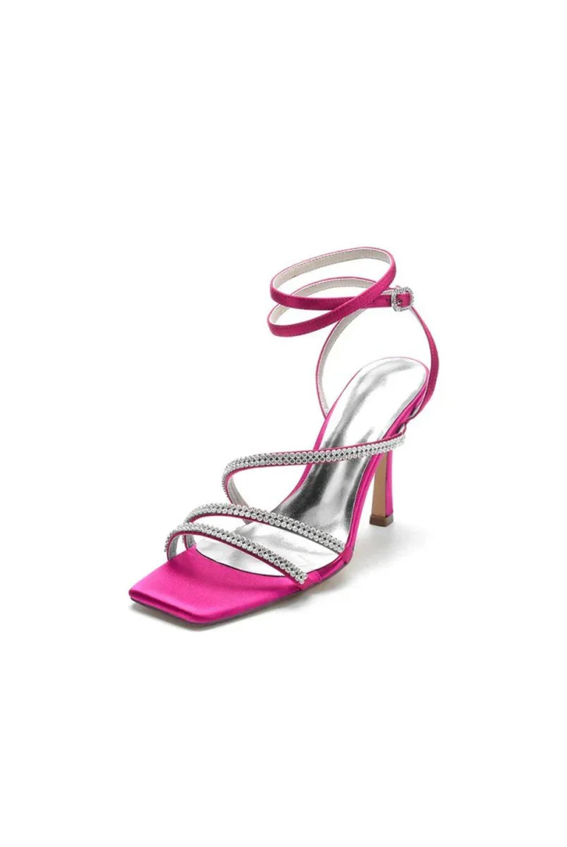 Multi Crystal Straps Square Open Toe Chunky Heels