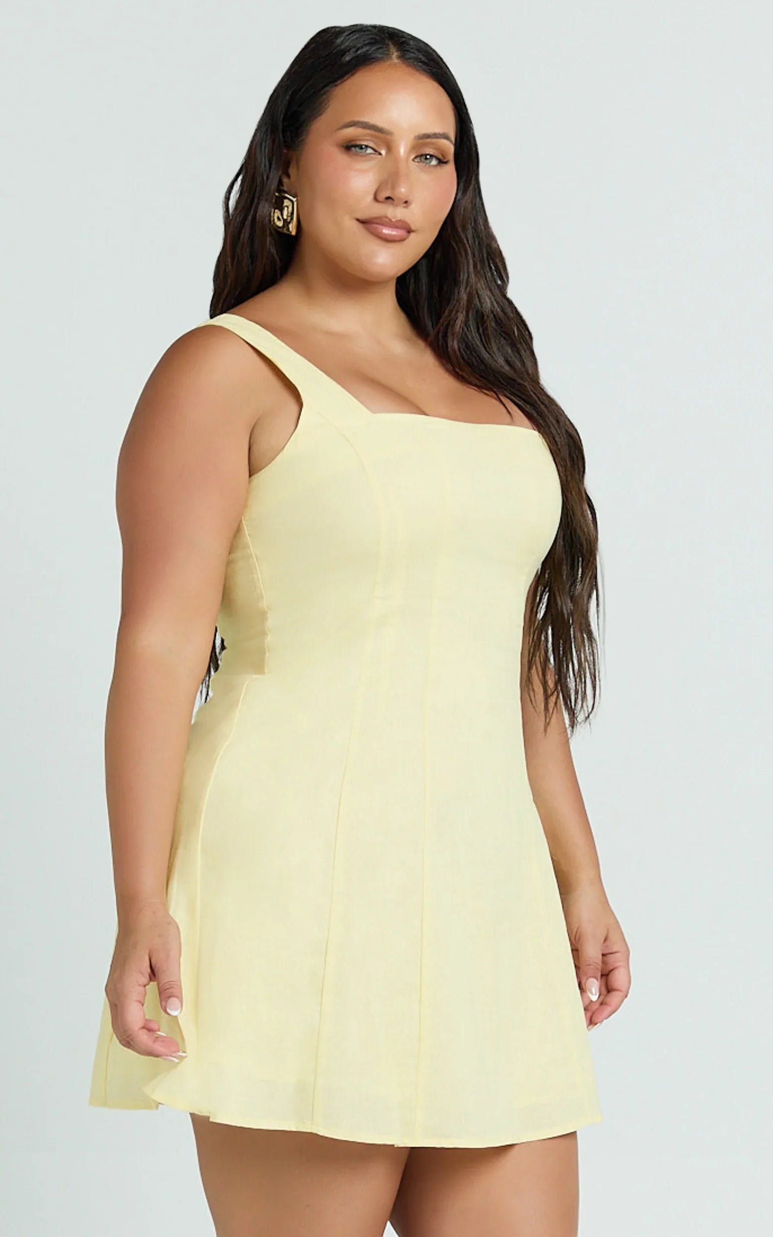 Adiana Mini Dress Linen Square Neck Shirred Back A Line Dress in Lemon