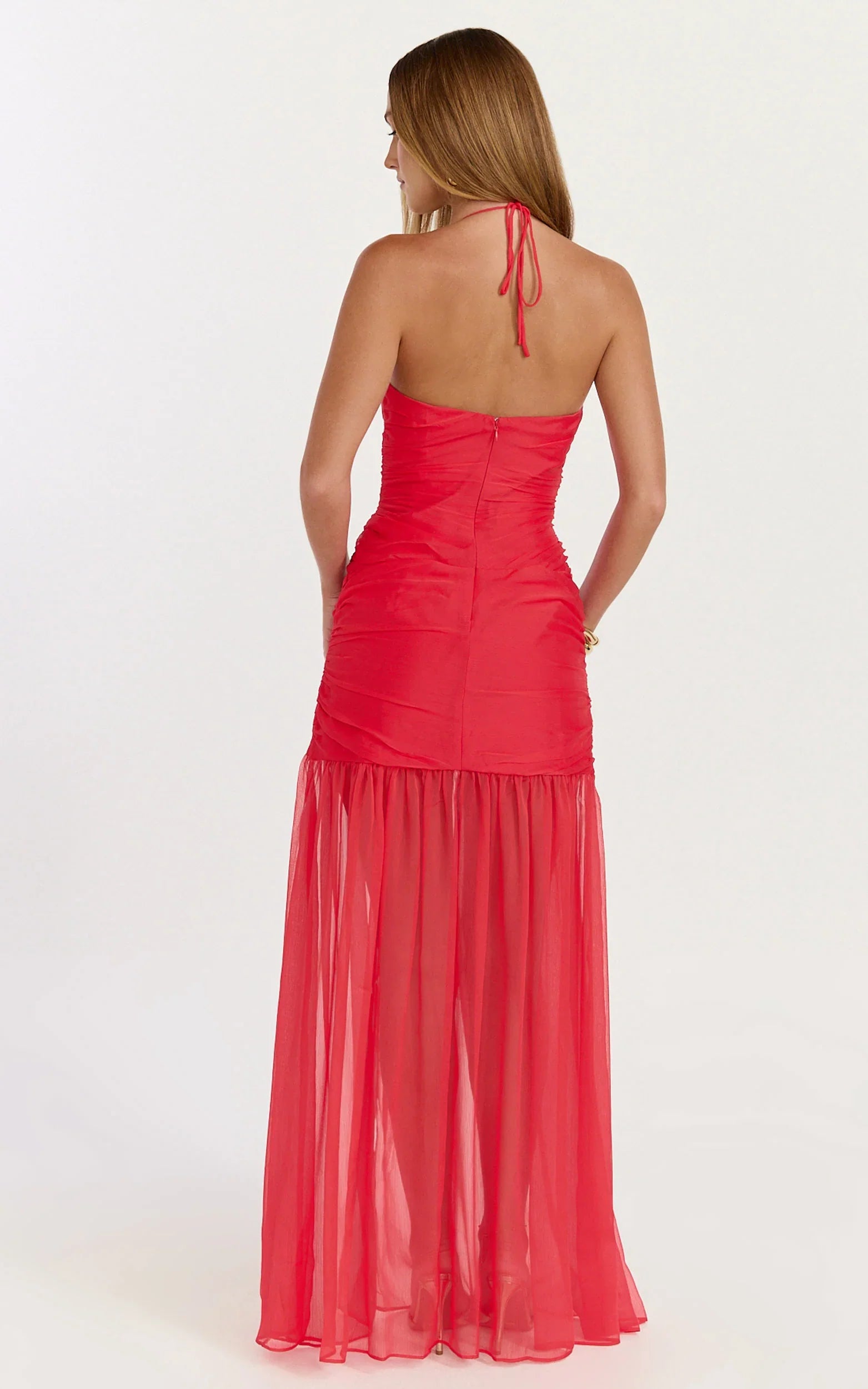 Jett Maxi Dress Halter Tie Ruched Bodice Side Split Dress in Red