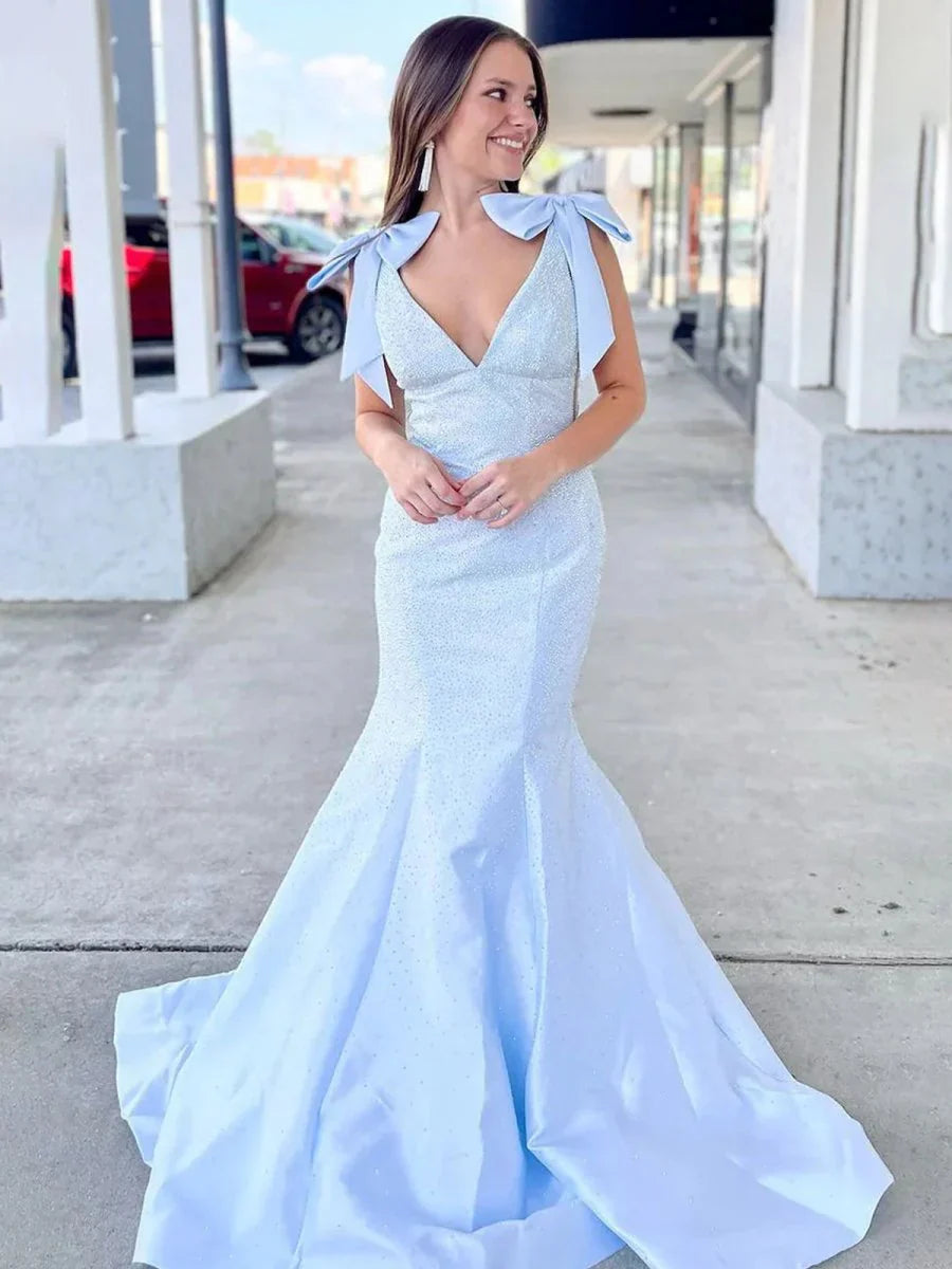 Sky Blue V Neck Mermaid Satin Long Prom Dress With Bow