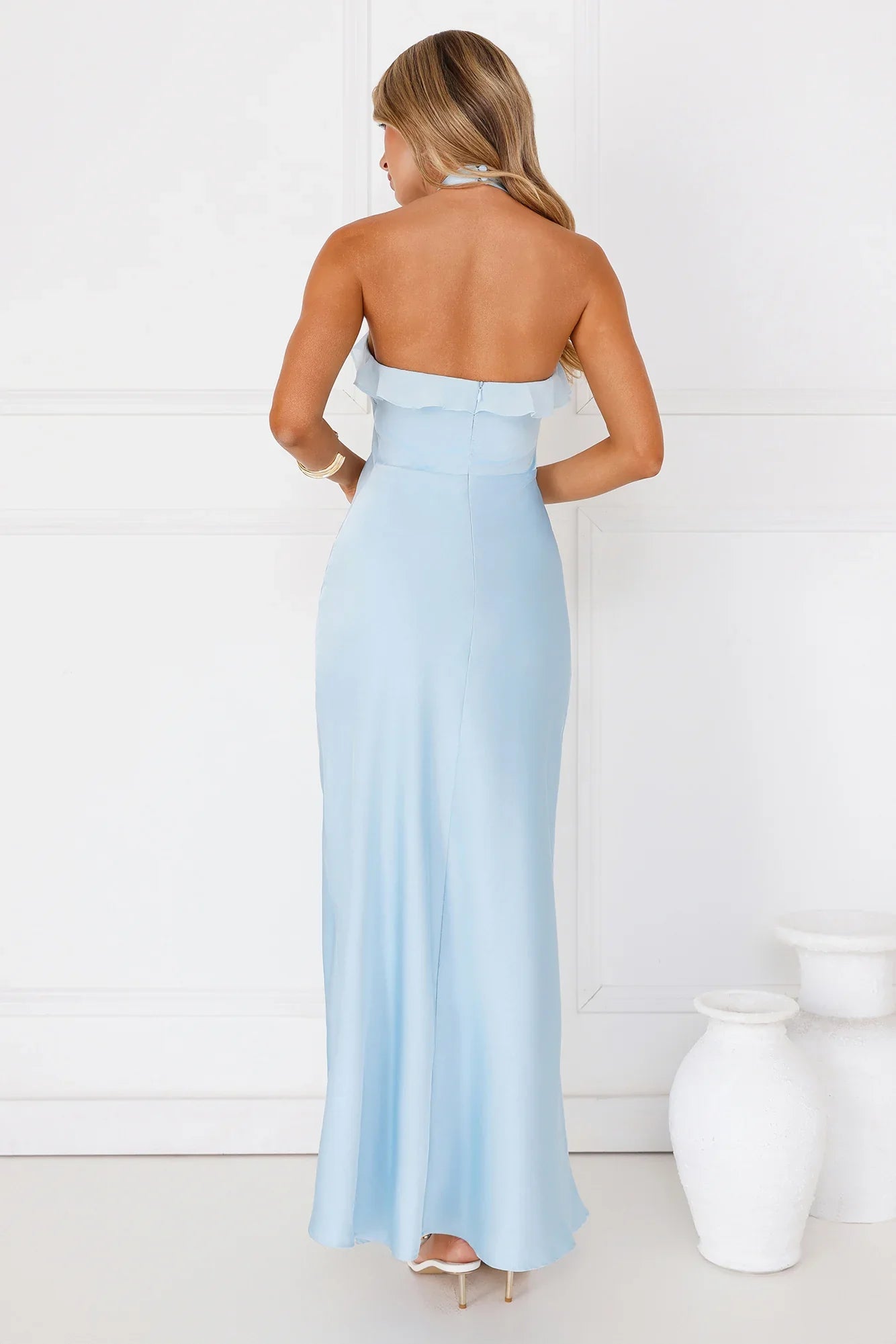 Luxora Lady Halter Satin Maxi Dress Blue