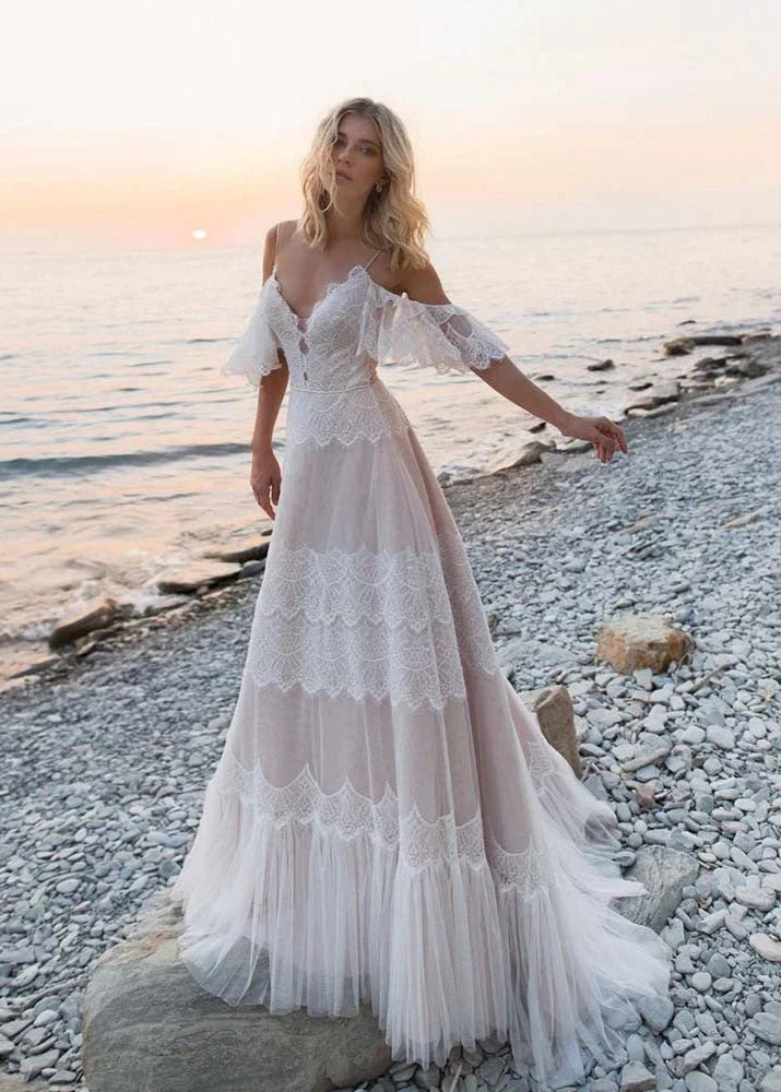 Bohemian Beach Champagne Spaghetti Straps Backless Wedding Dresses