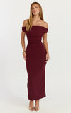 Lena Midi Dress Off Shoulder Ruched Bodycon Dress in Wine