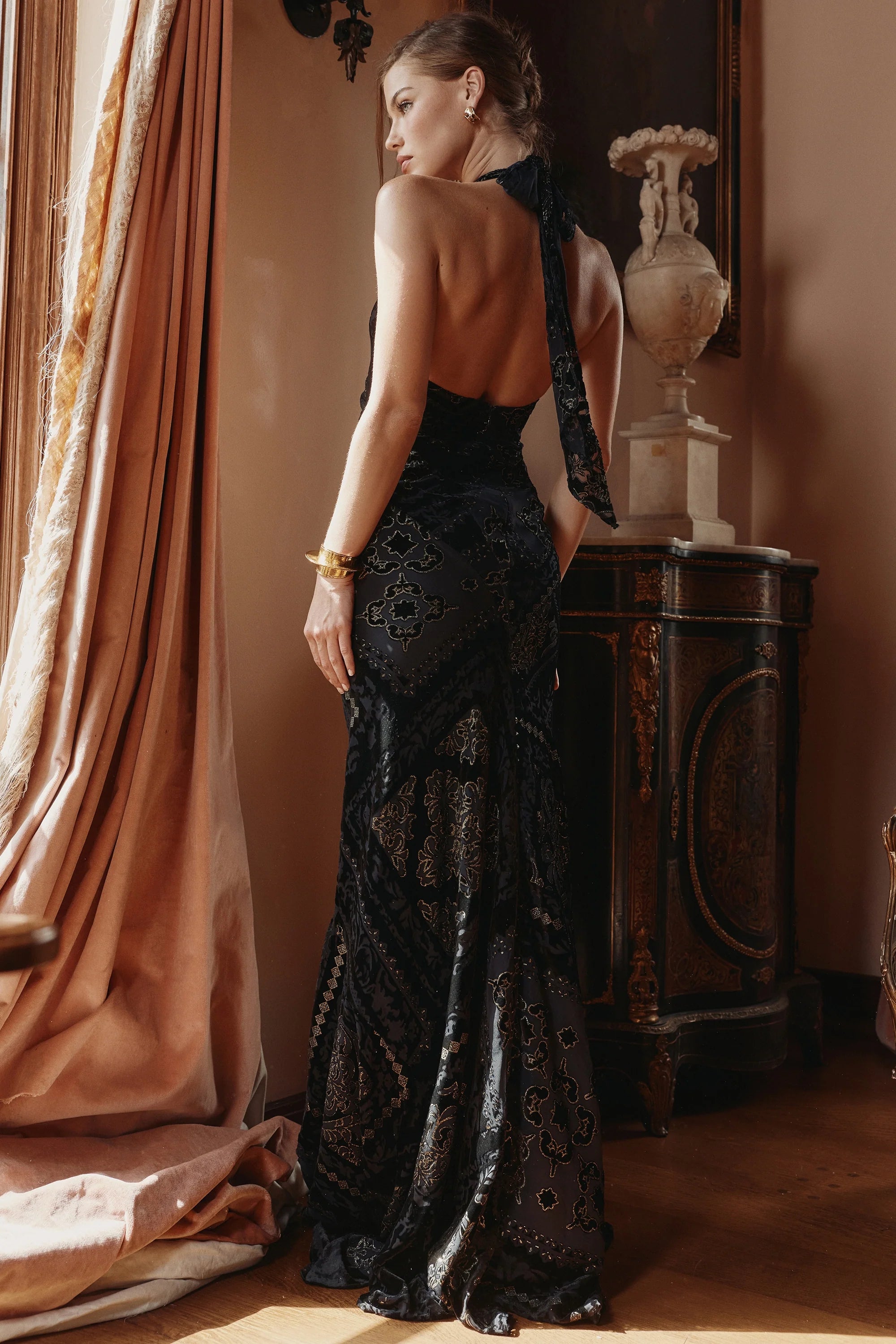 black gold devore velvet maxi gown