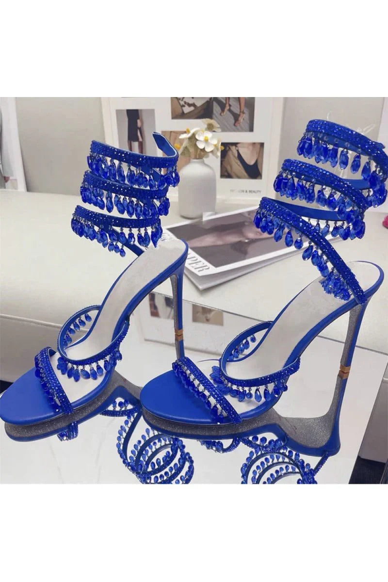 Open Toe Ankle Wrap Beaded Crystal Stiletto Heels