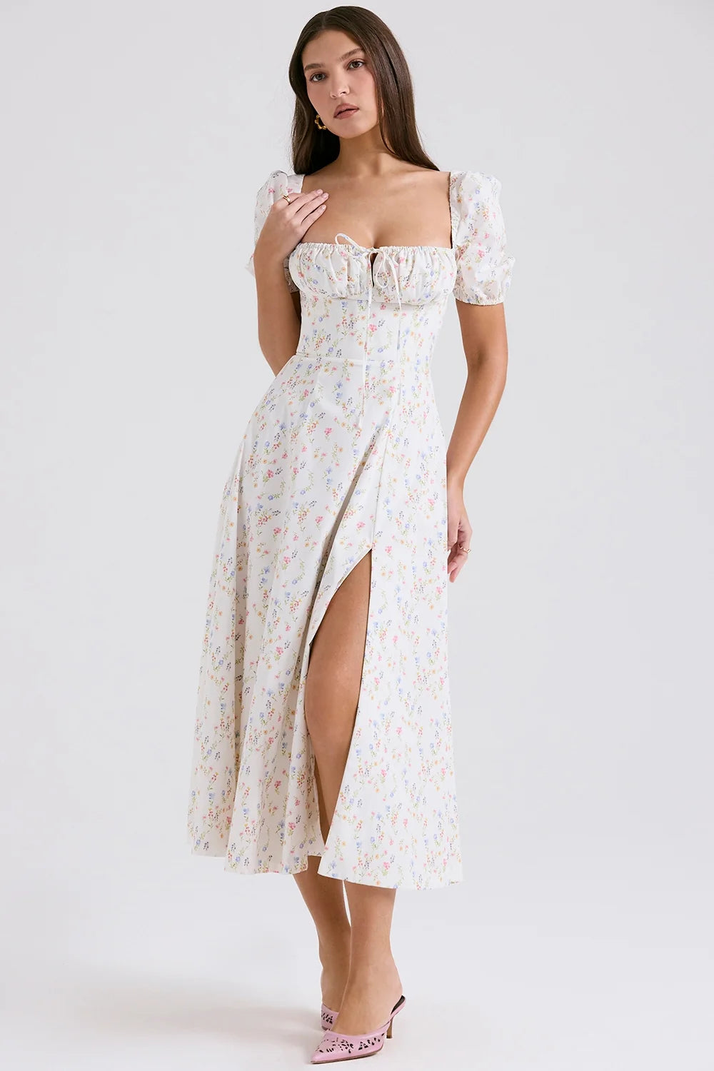 white posy print cotton puff sleeve midi sundress