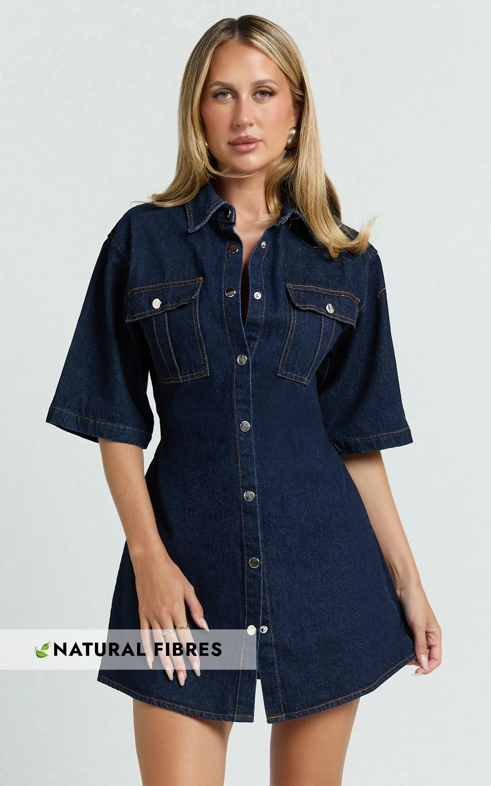 Leilani Mini Dress Denim Short Sleeve Button Up Dress with Gold Hardware in Indigo Denim