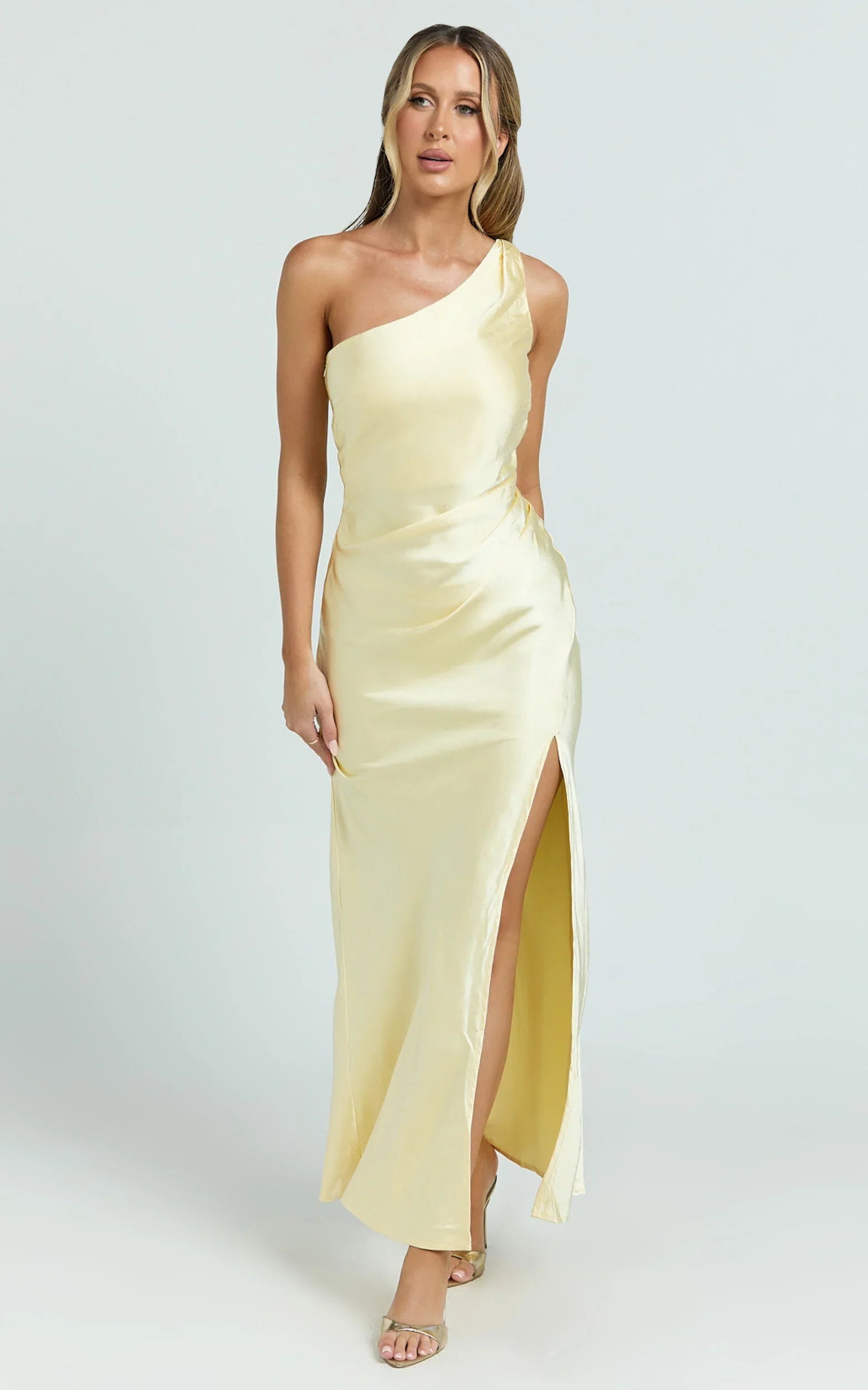 Isla Maxi Dress Satin One Shoulder Side Split Dress in Lemon