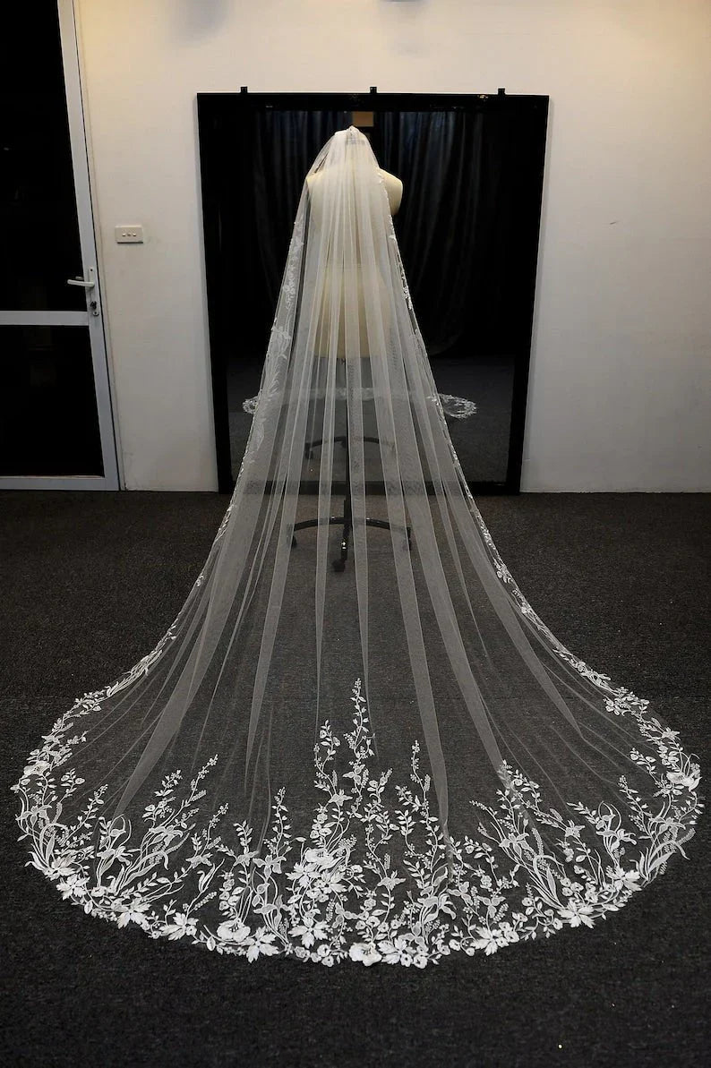 Vintage Flower Lace Veil Cathedral Tulle Bridal veil