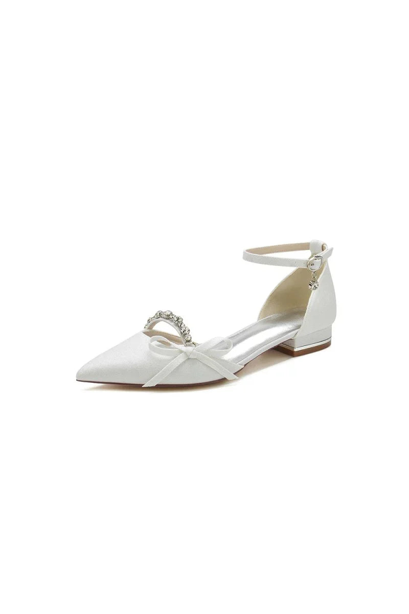 Beaded Pointed Toe Ankle Strap Wedding Shoes With Bow