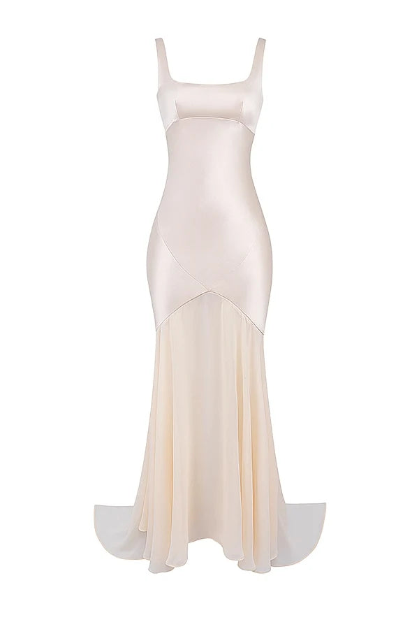 champagne chiffon floor length gown