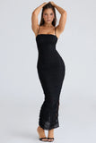black gathered stretch mesh maxi dress