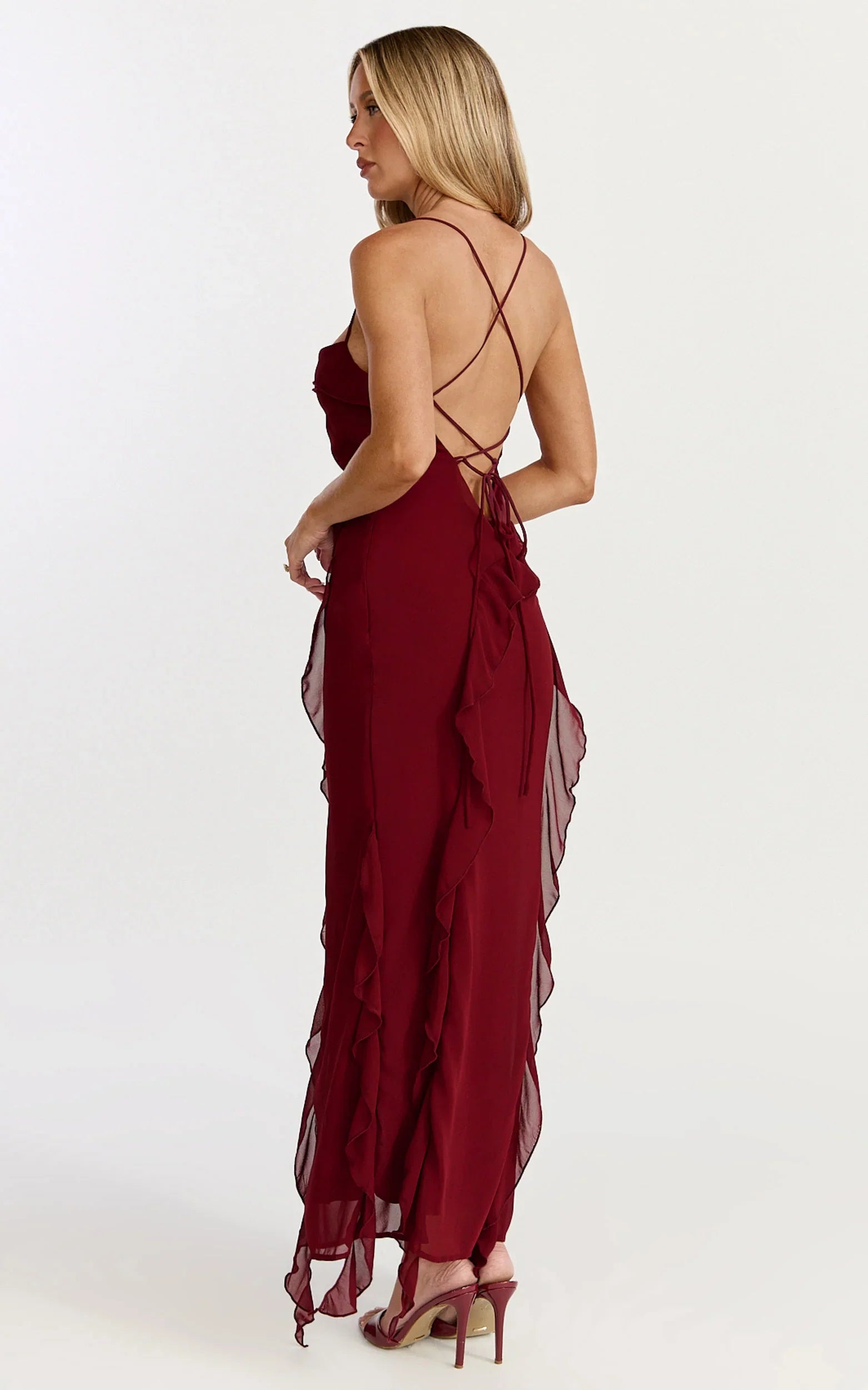 Connie Midi Dress Ruffle Detail Dress in Wine