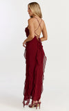 Connie Midi Dress Ruffle Detail Dress in Wine