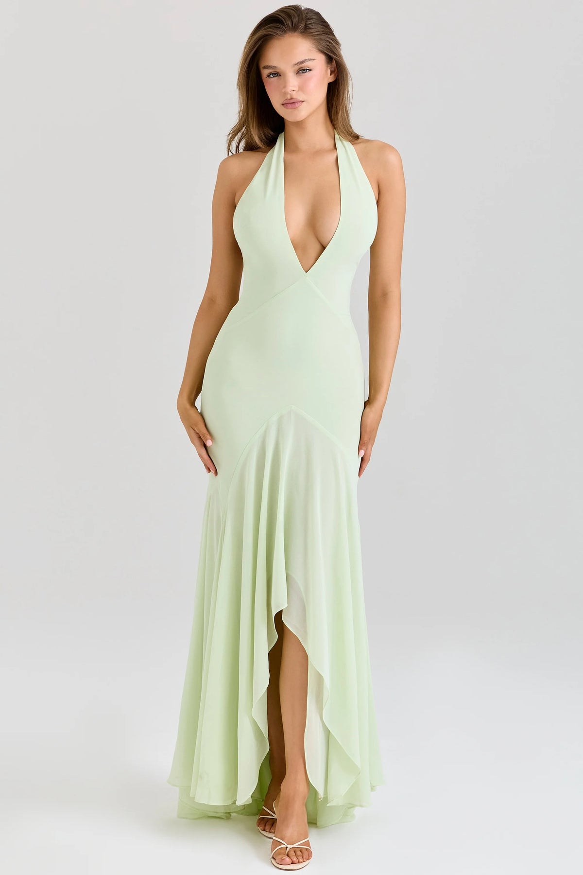 pistachio georgette draped midi dress