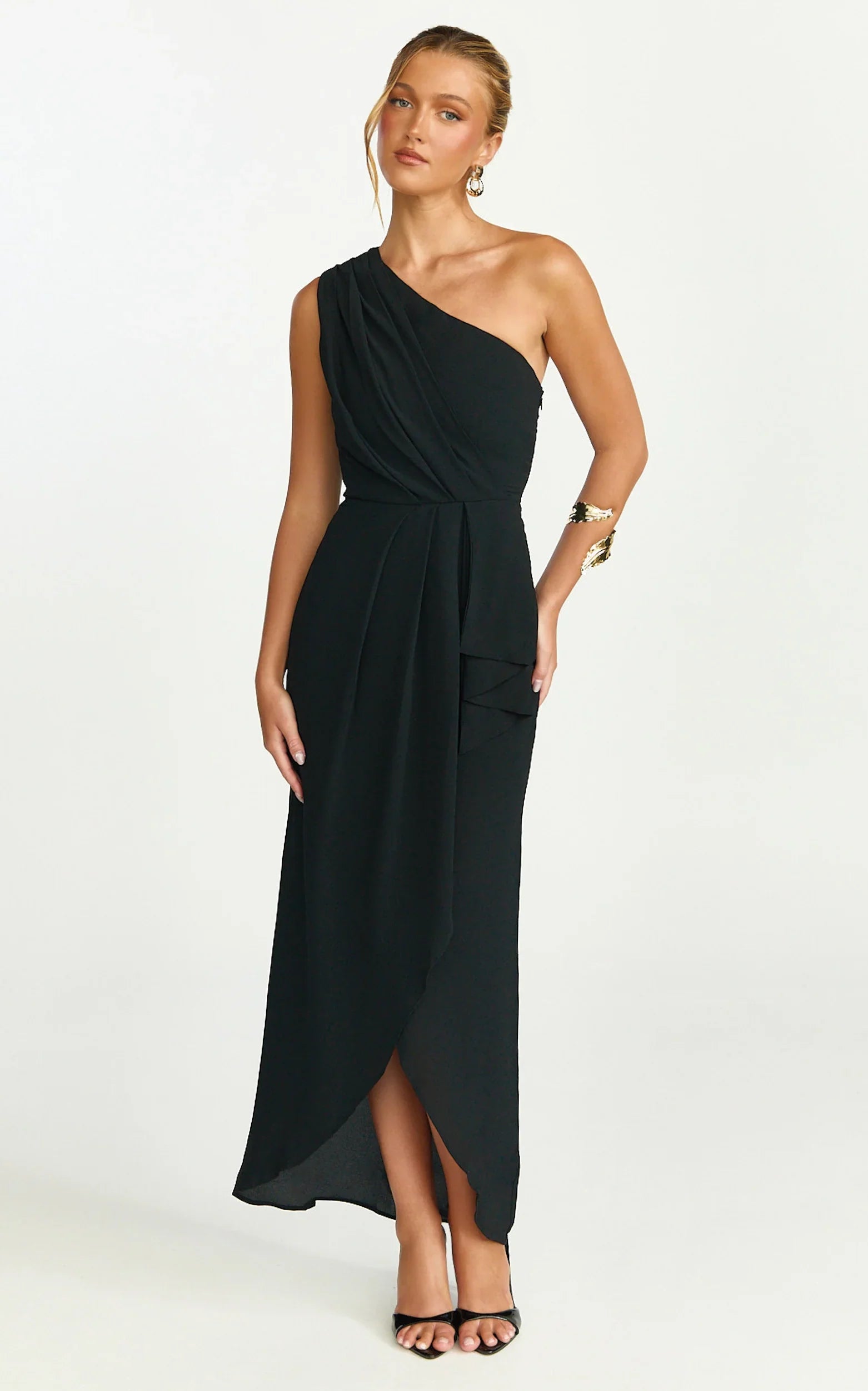 Namaari Midi Dress Faux Wrap One Shoulder Dress in Black