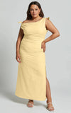 Cincinnati Midi Dress Off The Shoulder Side Split Column Linen Dress in Lemon