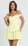 Izara Mini Dress Off Shoulder Pleated Dress in Lemon