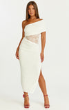 Juliet Midi Dress One Shoulder Lace Contrast Bodycon Dress in Ivory