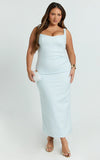 Benita Midi Dress Scoop Neck Ruched Fitted Dress in Blue