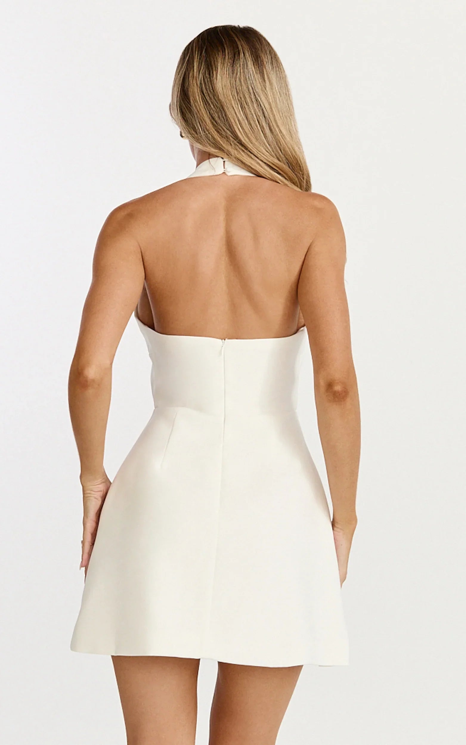 Leilani Mini Dress Plunge Gold Hardware Fit and Flare Dress in White