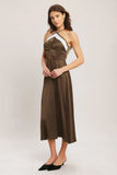 ESPRESSO CHIC HALTER SATIN MIDI DRESS