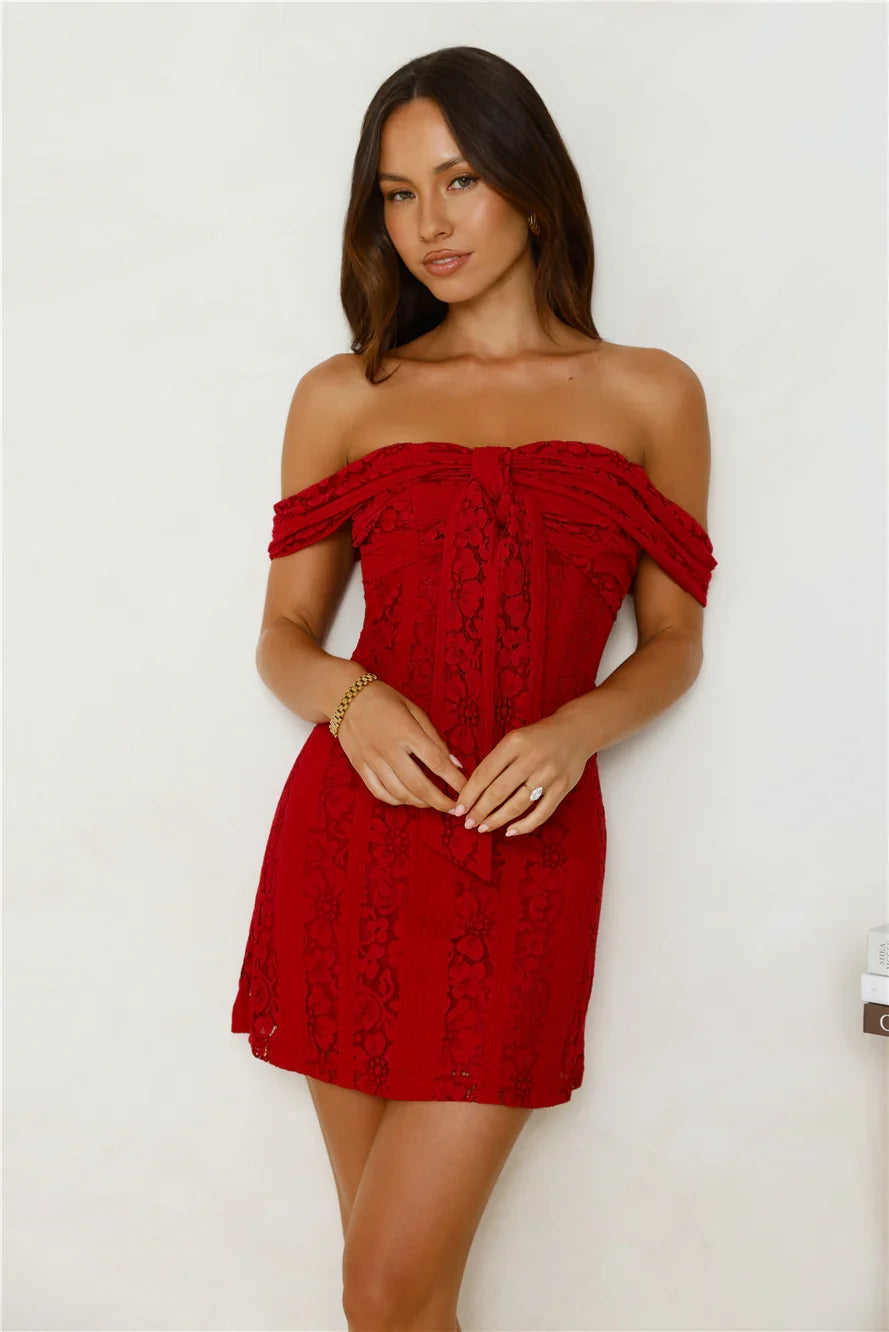 Dainty Number Off Shoulder Lace Mini Dress Red