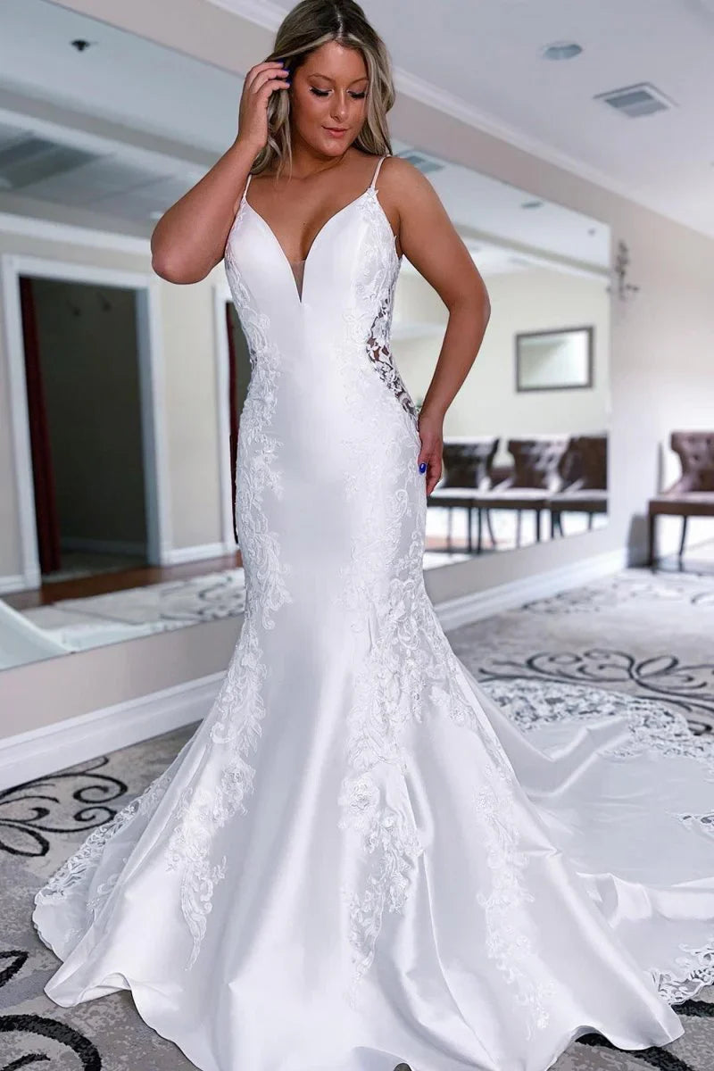 White Mermaid Long Satin Wedding Dress with Appliqued