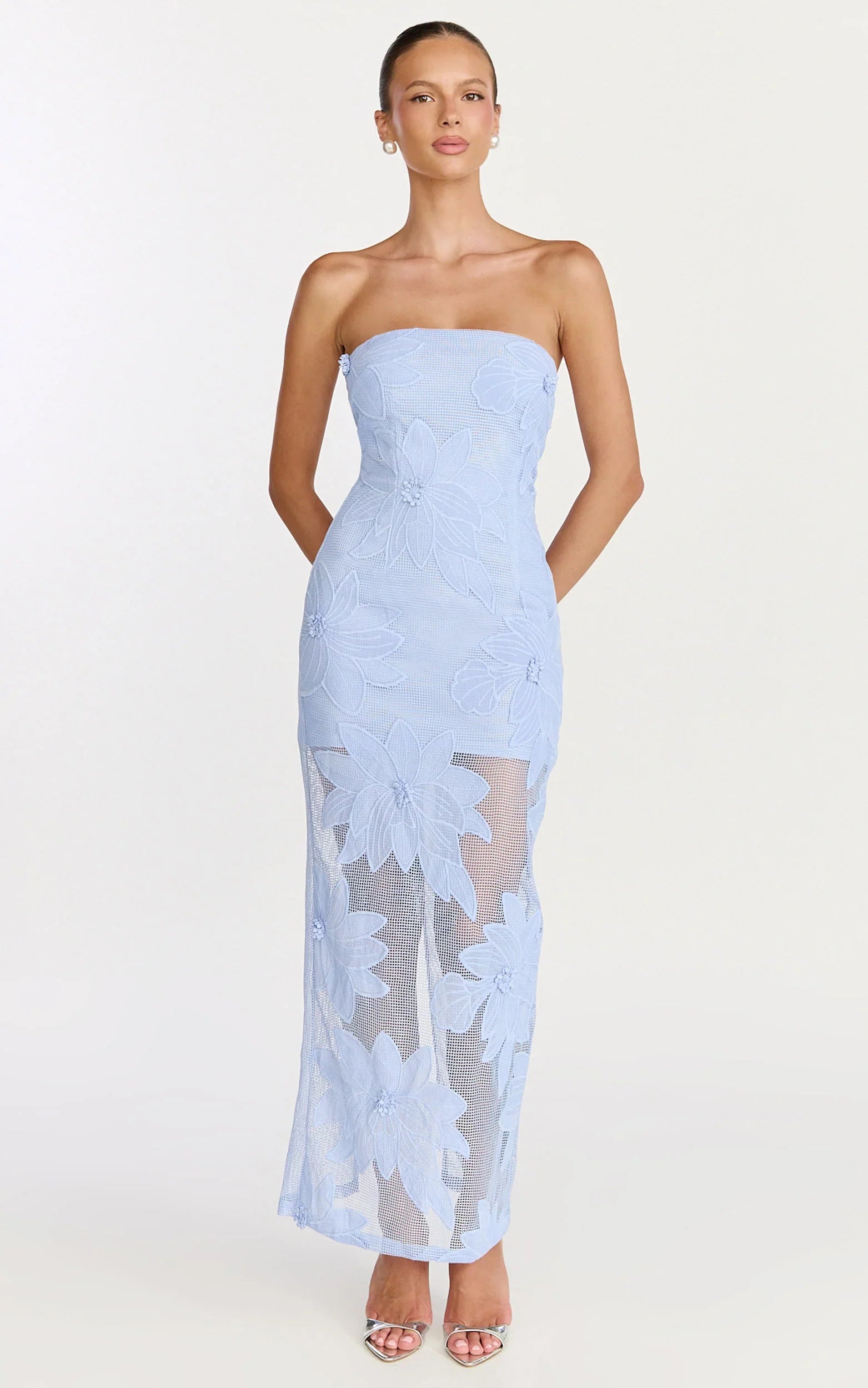 Sienna Midi Dress Strapless Floral Embroidered Bodycon Dress in Blue