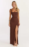 Donna Maxi Dress Cowl Neck Column High Split Dress in Chocolate