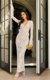 Paula Maxi Dress Lace V Neck Long Sleeve Column Dress in White