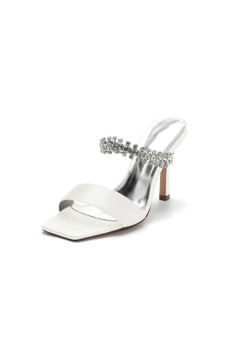Square Open Toe Rhinestone Strappy Satin Stiletto Heels