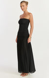 Lara Maxi Dress Strapless Ruched Mesh High Leg Split Dress in Black