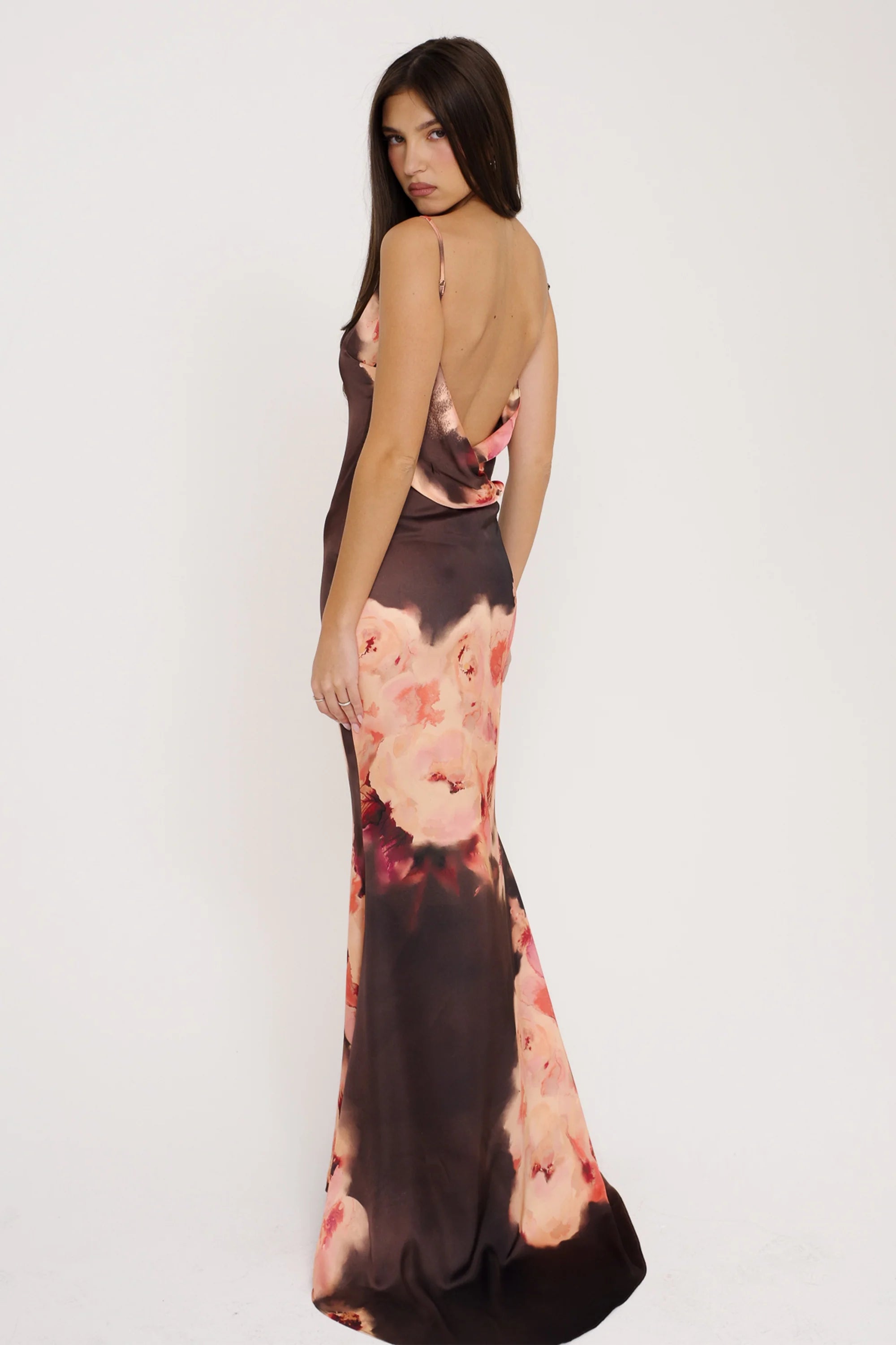 dark brown floral printed satin maxi dress