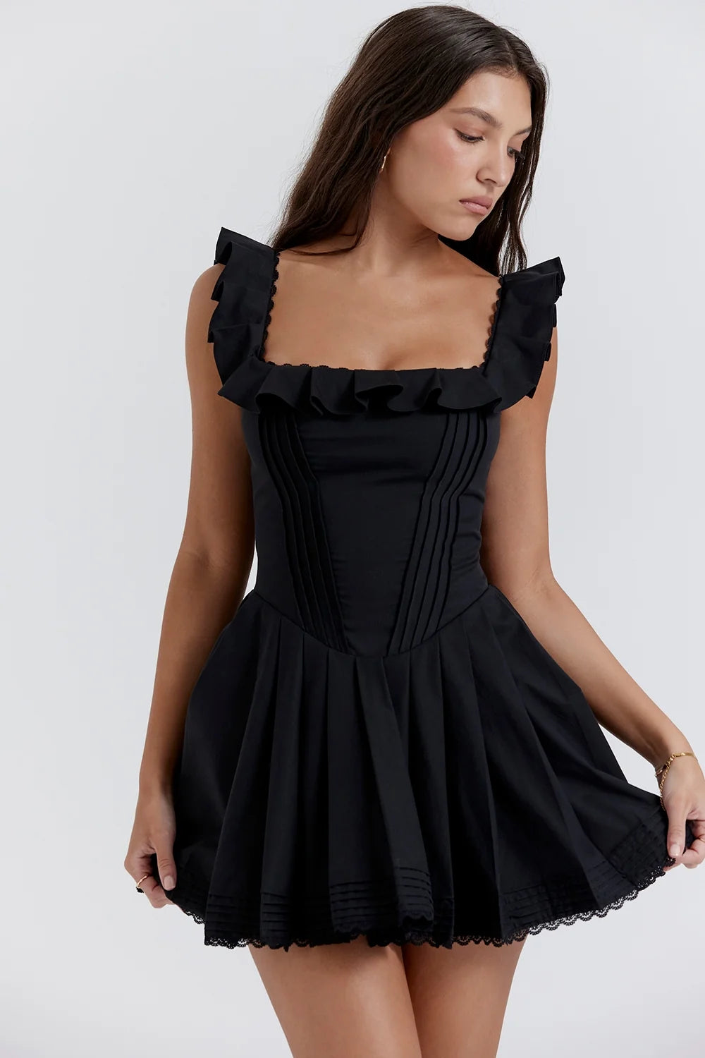 black pin tuck pleated dress