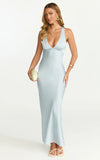 Khalani Midi Dress Deep V Neck Satin Slip Dress in Pale Blue