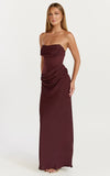 Phoebe Maxi Dress Strapless Structured Bodice Drape Skirt Dress in Plum
