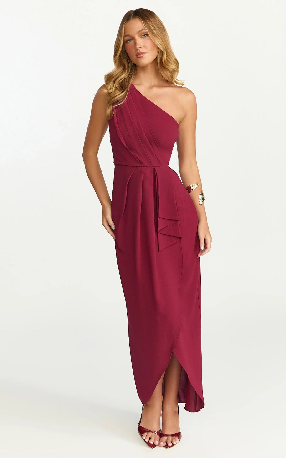 Namaari Midi Dress Faux Wrap One Shoulder Dress in Wine